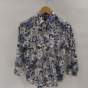 Lauren Ralph Lauren Button Up Top Size XS Blue White Print Quarter Sleeve Cotton